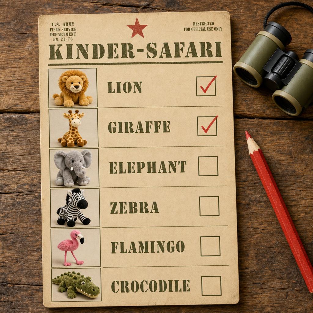 Safari-Karte zum Abhaken mit Fotos der versteckten Plüschtiere
