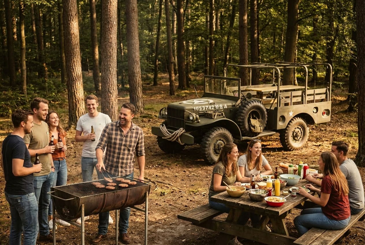 Team auf dem Dodge WC51 Planwagen mit BBQ-Anhänger